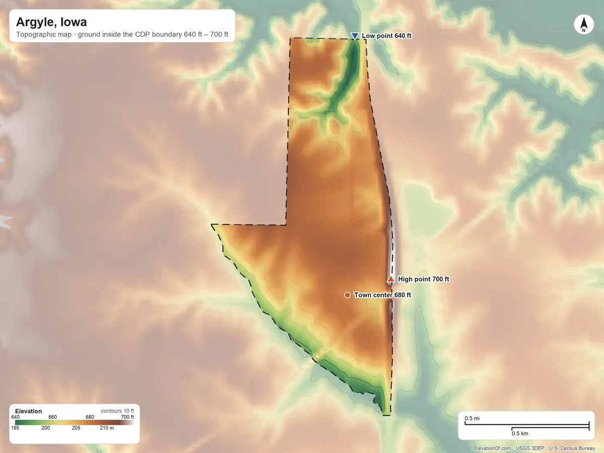 Topographic elevation map of Argyle, Iowa, shaded from 640 ft on the north side to 700 ft on the east side