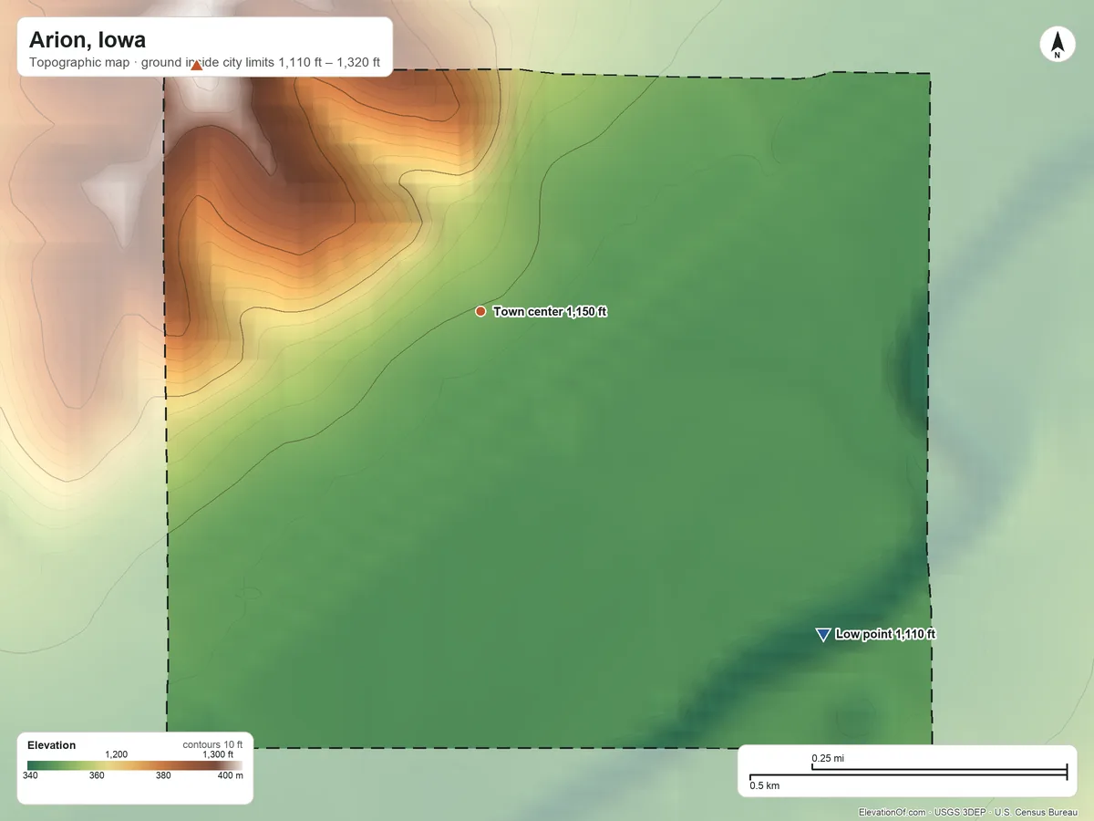 Topographic elevation map of Arion, Iowa, shaded from 1,110 ft on the southeast side to 1,320 ft on the northwest side