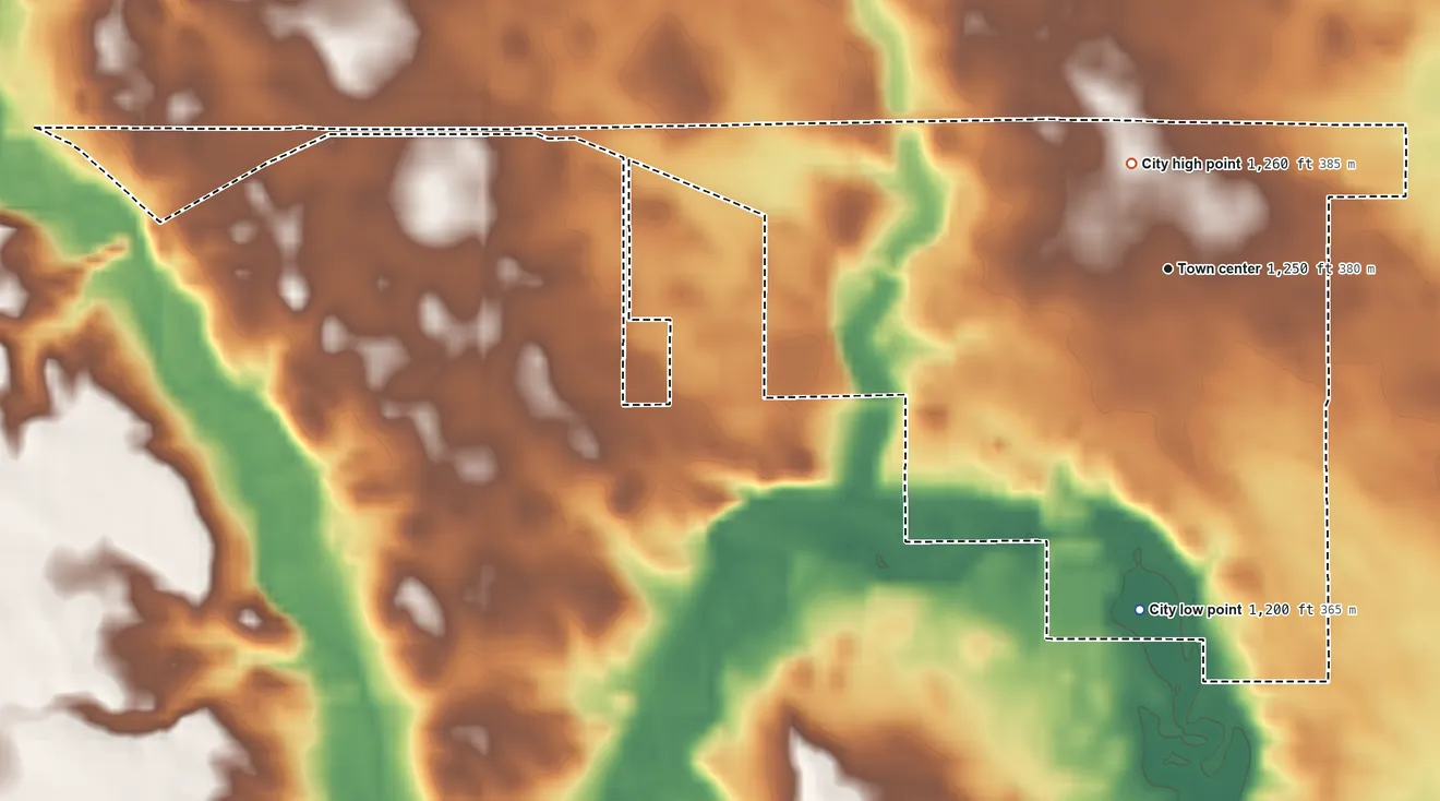 Topographic elevation map of Armstrong, Iowa, shaded from 1,200 ft on the south side to 1,260 ft near the middle