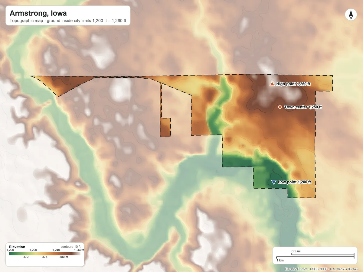 Topographic elevation map of Armstrong, Iowa, shaded from 1,200 ft on the south side to 1,260 ft near the middle