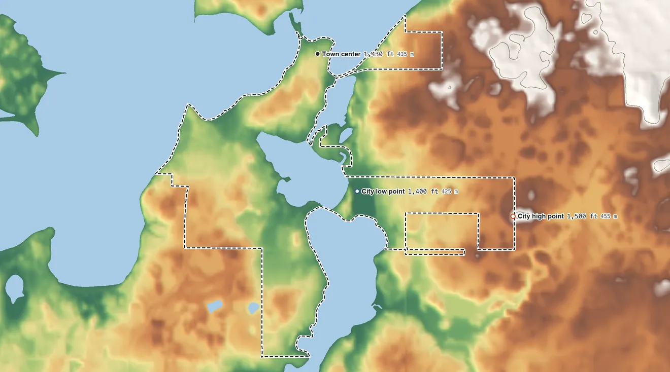 Topographic elevation map of Arnolds Park, Iowa, shaded from 1,400 ft on the south side to 1,500 ft on the southeast side