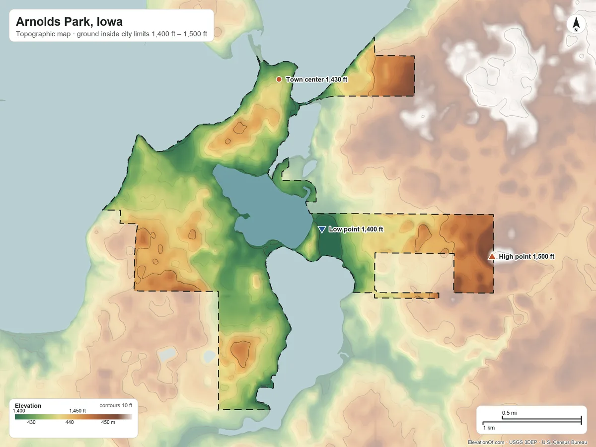 Topographic elevation map of Arnolds Park, Iowa, shaded from 1,400 ft on the south side to 1,500 ft on the southeast side