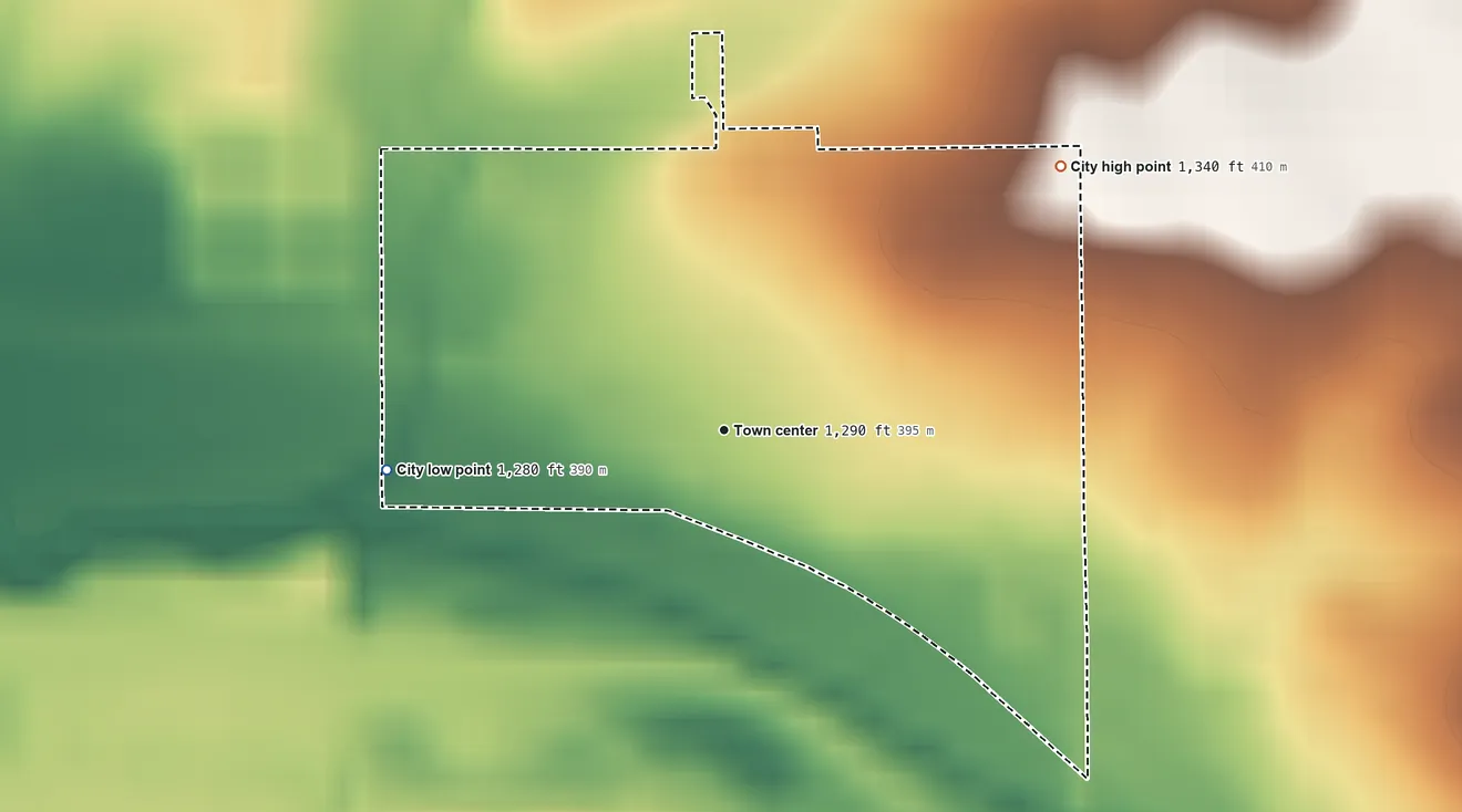 Topographic elevation map of Arthur, Iowa, shaded from 1,280 ft on the west side to 1,340 ft on the northeast side