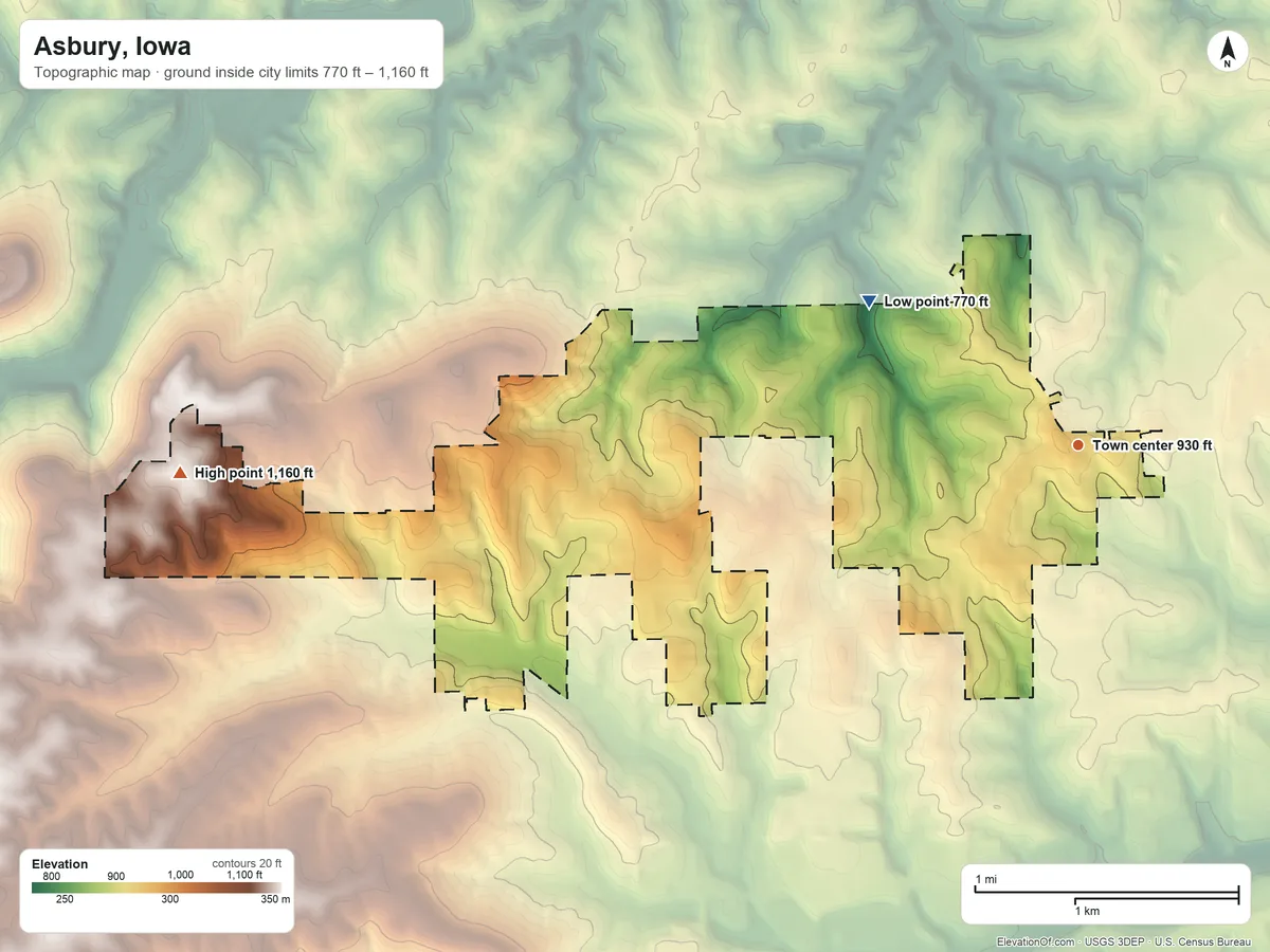 Topographic elevation map of Asbury, Iowa, shaded from 770 ft on the northwest side to 1,160 ft on the west side