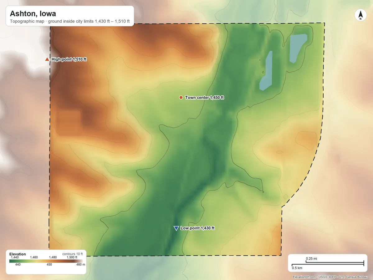 Topographic elevation map of Ashton, Iowa, shaded from 1,430 ft on the south side to 1,510 ft on the west side