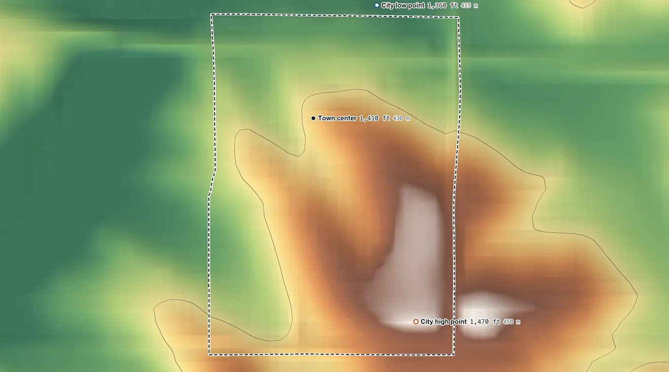 Topographic elevation map of Aspinwall, Iowa, shaded from 1,360 ft on the northeast side to 1,470 ft on the southeast side