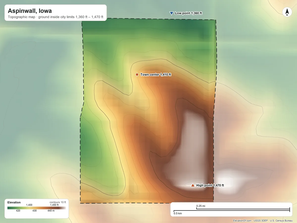 Topographic elevation map of Aspinwall, Iowa, shaded from 1,360 ft on the northeast side to 1,470 ft on the southeast side
