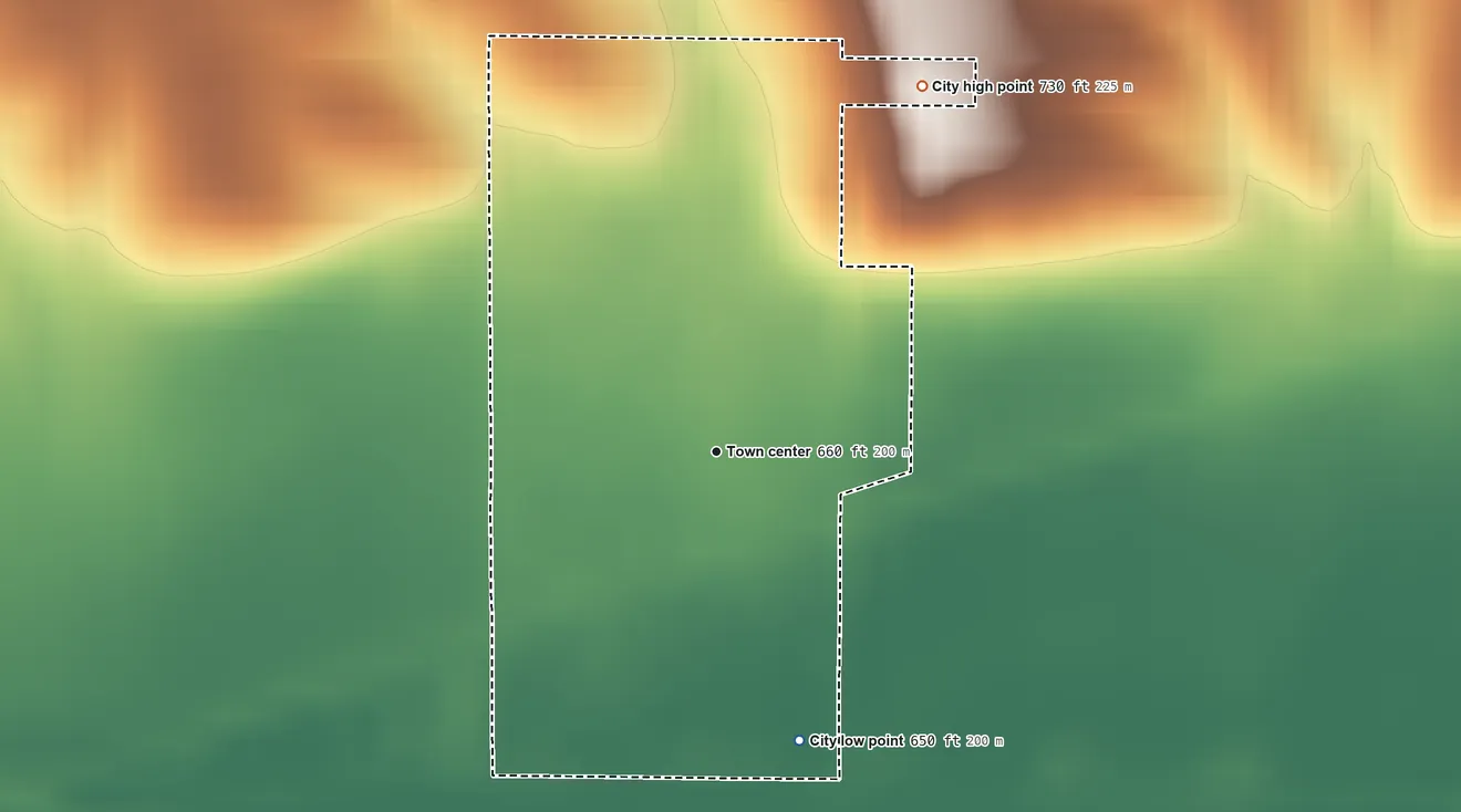Topographic elevation map of Atalissa, Iowa, shaded from 650 ft on the south side to 730 ft on the northeast side