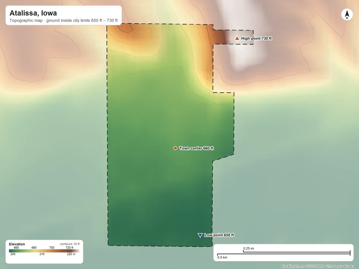 Topographic elevation map of Atalissa, Iowa, shaded from 650 ft on the south side to 730 ft on the northeast side