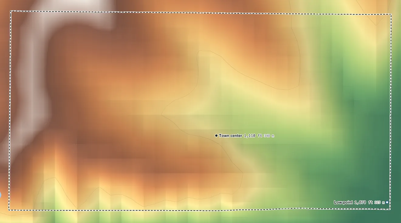 Topographic elevation map of Athelstan, Iowa, shaded from 1,070 ft on the east side to 1,180 ft on the northwest side