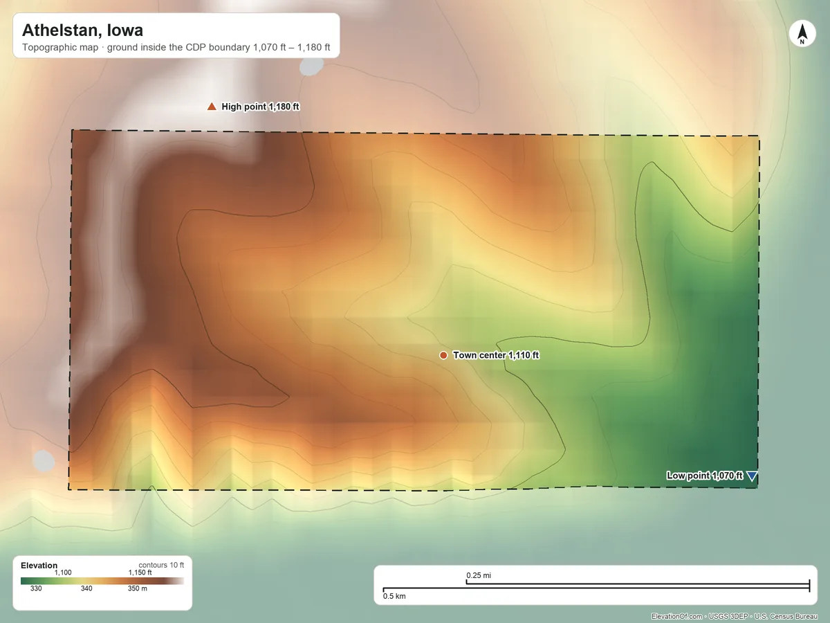 Topographic elevation map of Athelstan, Iowa, shaded from 1,070 ft on the east side to 1,180 ft on the northwest side