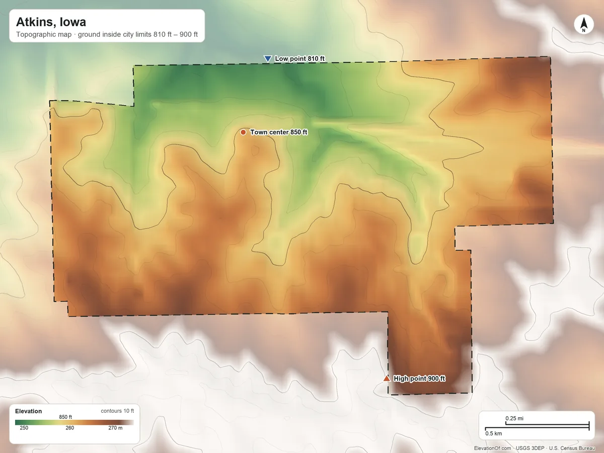 Topographic elevation map of Atkins, Iowa, shaded from 810 ft on the north side to 900 ft on the southeast side