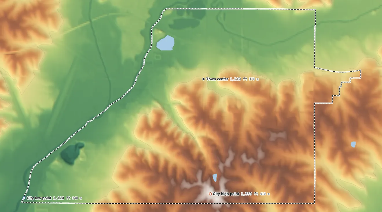 Topographic elevation map of Atlantic, Iowa, shaded from 1,120 ft on the southwest side to 1,350 ft on the south side