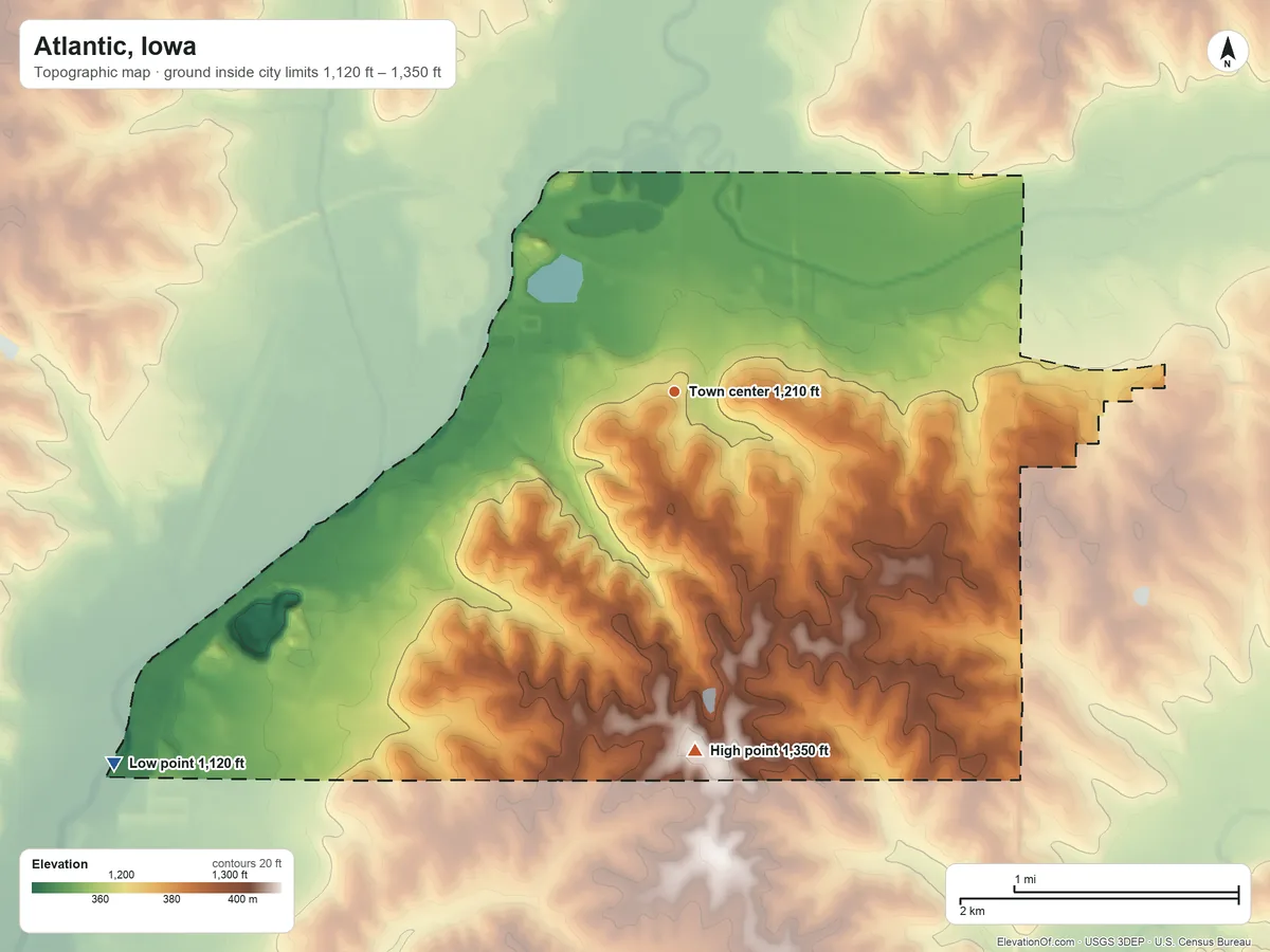 Topographic elevation map of Atlantic, Iowa, shaded from 1,120 ft on the southwest side to 1,350 ft on the south side