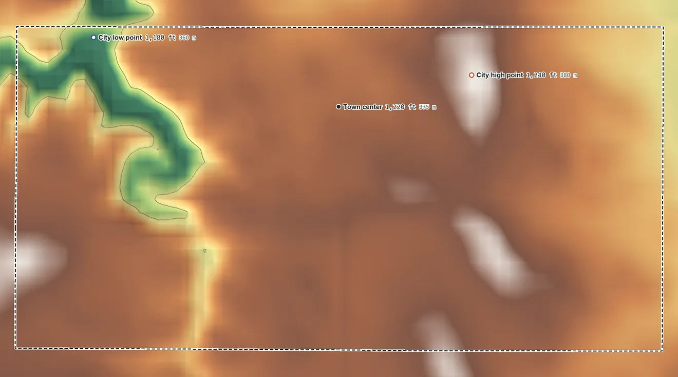 Topographic elevation map of Auburn, Iowa, shaded from 1,180 ft on the west side to 1,240 ft on the east side