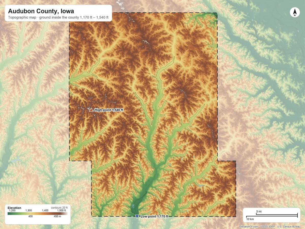 Topographic elevation map of Audubon County, Iowa, shaded from 1,170 ft on the south side to 1,540 ft on the west side