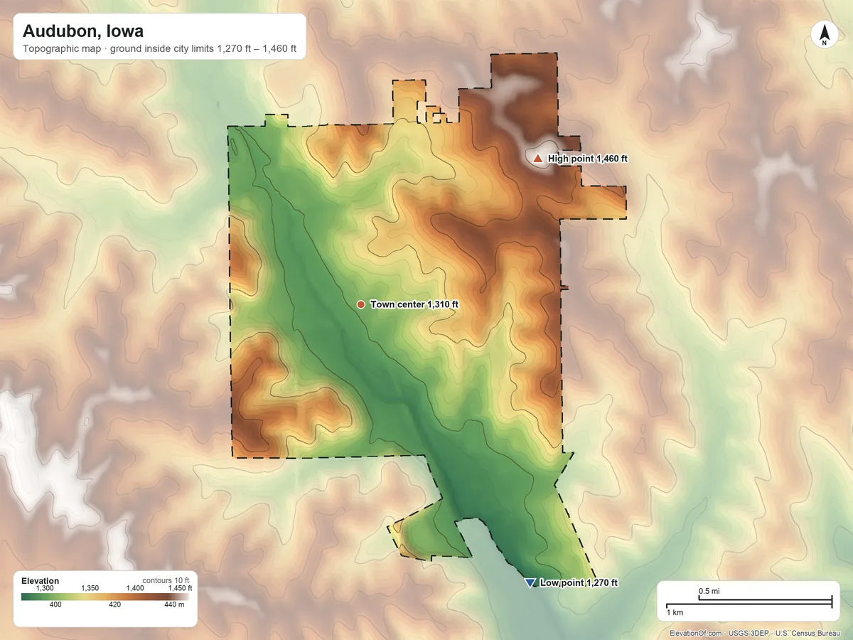 Topographic elevation map of Audubon, Iowa, shaded from 1,270 ft on the southeast side to 1,460 ft on the northeast side