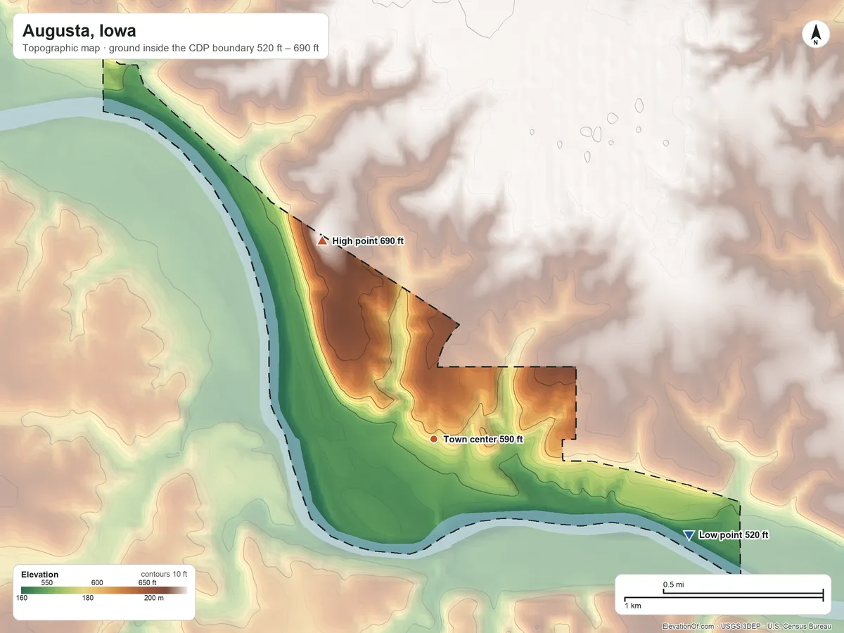 Topographic elevation map of Augusta, Iowa, shaded from 520 ft on the east side to 690 ft on the northwest side