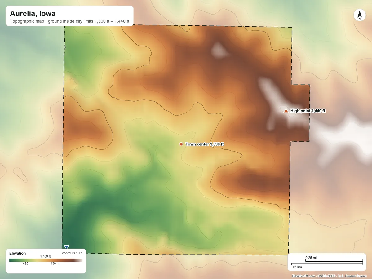 Topographic elevation map of Aurelia, Iowa, shaded from 1,360 ft on the southwest side to 1,440 ft on the east side