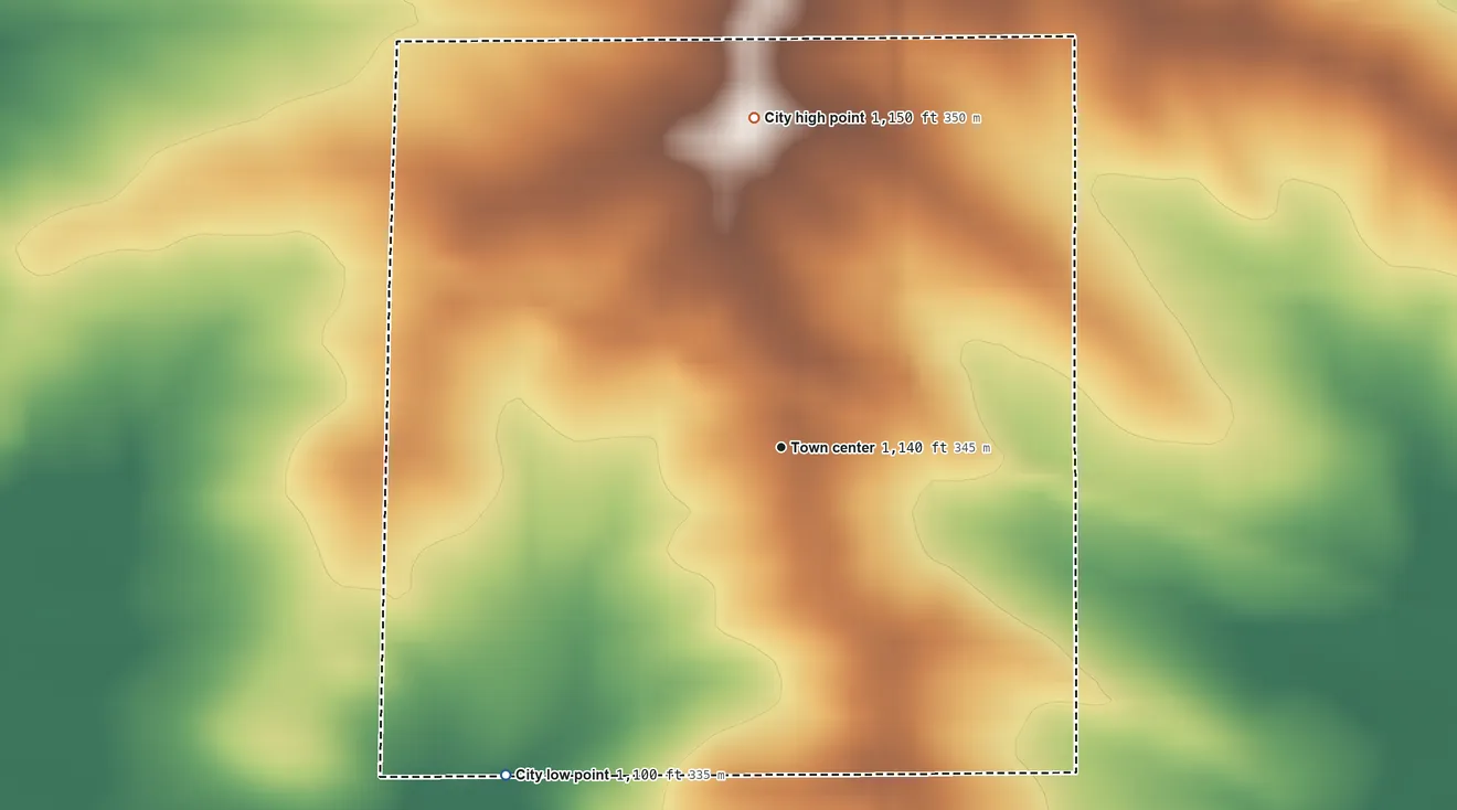 Topographic elevation map of Aurora, Iowa, shaded from 1,100 ft on the southwest side to 1,150 ft on the north side