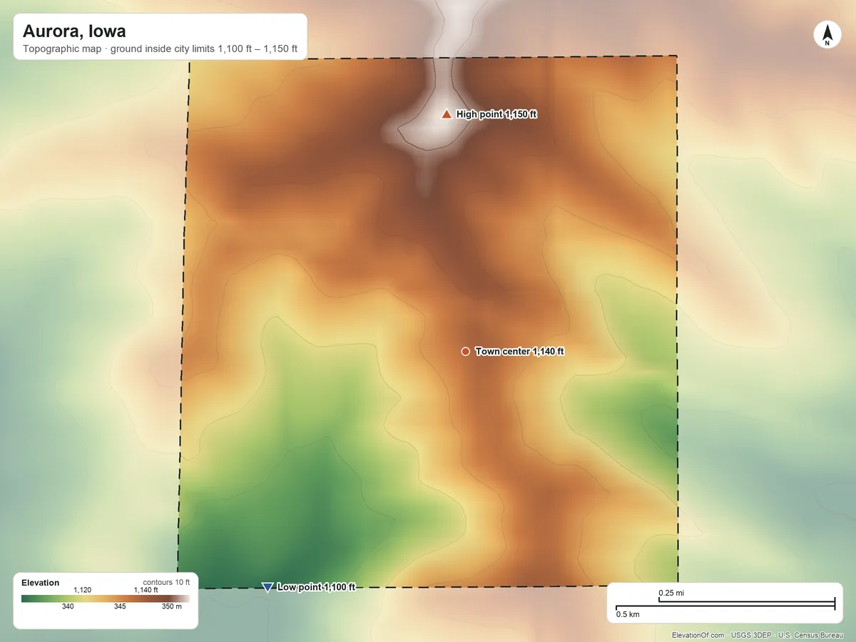Topographic elevation map of Aurora, Iowa, shaded from 1,100 ft on the southwest side to 1,150 ft on the north side