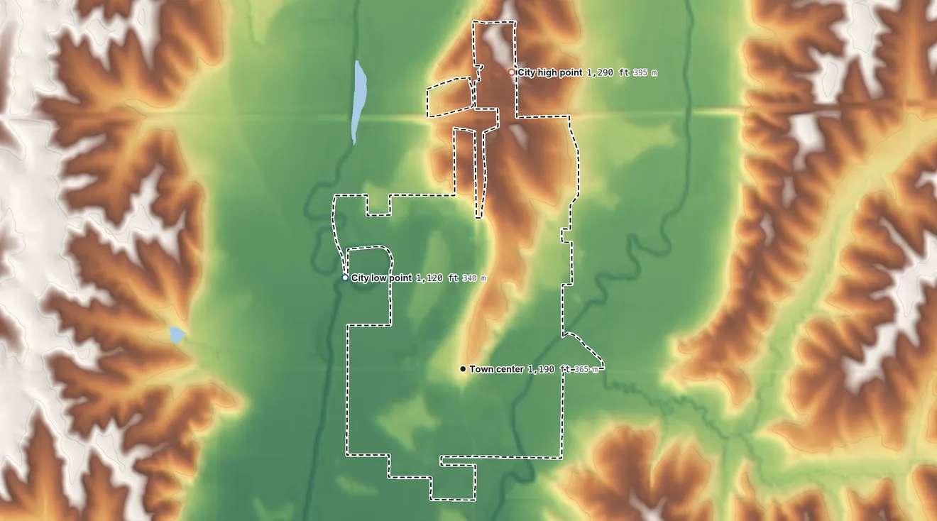 Topographic elevation map of Avoca, Iowa, shaded from 1,120 ft on the northwest side to 1,290 ft on the north side