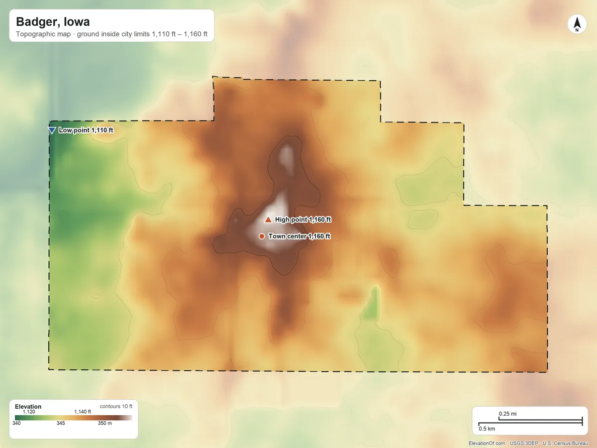Topographic elevation map of Badger, Iowa, shaded from 1,110 ft on the northwest side to 1,160 ft near the middle