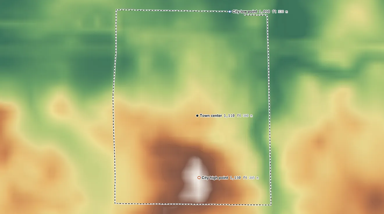 Topographic elevation map of Bagley, Iowa, shaded from 1,090 ft on the north side to 1,130 ft on the south side