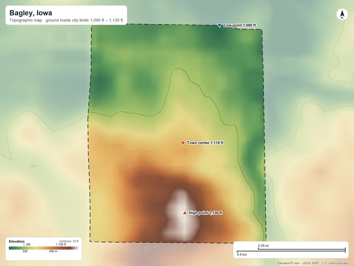 Topographic elevation map of Bagley, Iowa, shaded from 1,090 ft on the north side to 1,130 ft on the south side