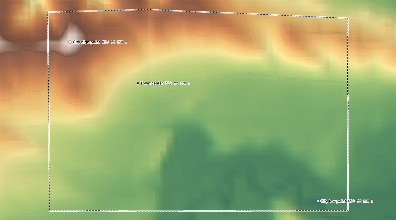 Topographic elevation map of Baldwin, Iowa, shaded from 690 ft on the southeast side to 820 ft on the northwest side