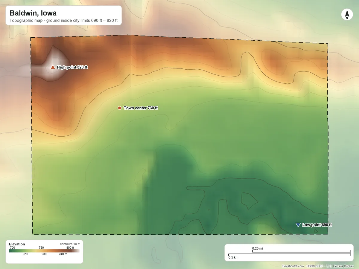 Topographic elevation map of Baldwin, Iowa, shaded from 690 ft on the southeast side to 820 ft on the northwest side