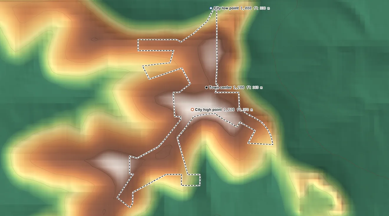 Topographic elevation map of Balltown, Iowa, shaded from 1,080 ft on the north side to 1,220 ft on the southwest side