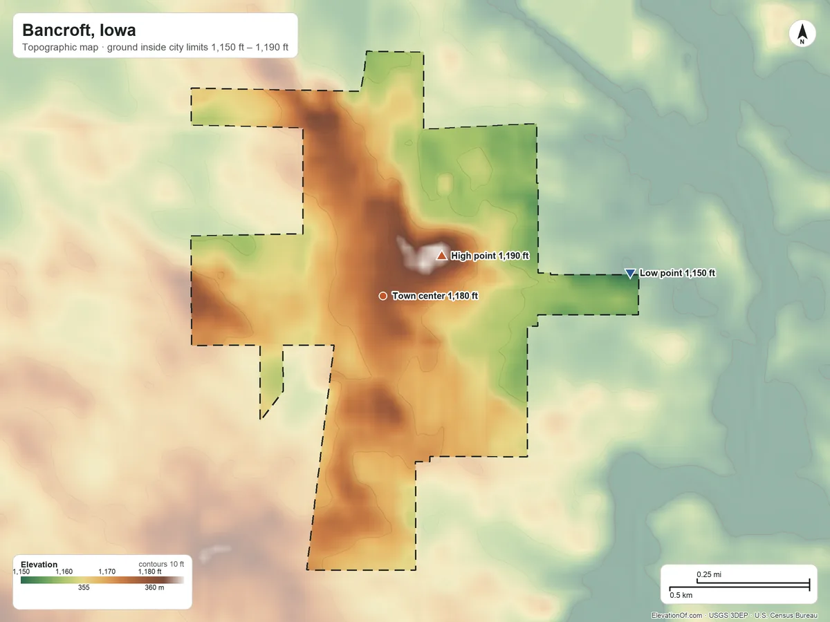Topographic elevation map of Bancroft, Iowa, shaded from 1,150 ft on the east side to 1,190 ft on the northeast side