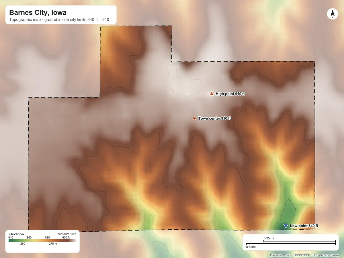 Topographic elevation map of Barnes City, Iowa, shaded from 840 ft on the southeast side to 910 ft near the middle