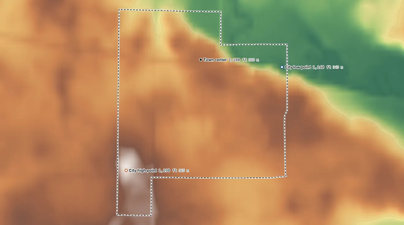Topographic elevation map of Barnum, Iowa, shaded from 1,140 ft on the east side to 1,190 ft on the southwest side