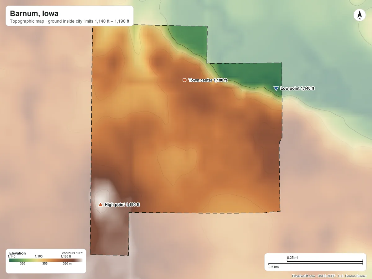Topographic elevation map of Barnum, Iowa, shaded from 1,140 ft on the east side to 1,190 ft on the southwest side