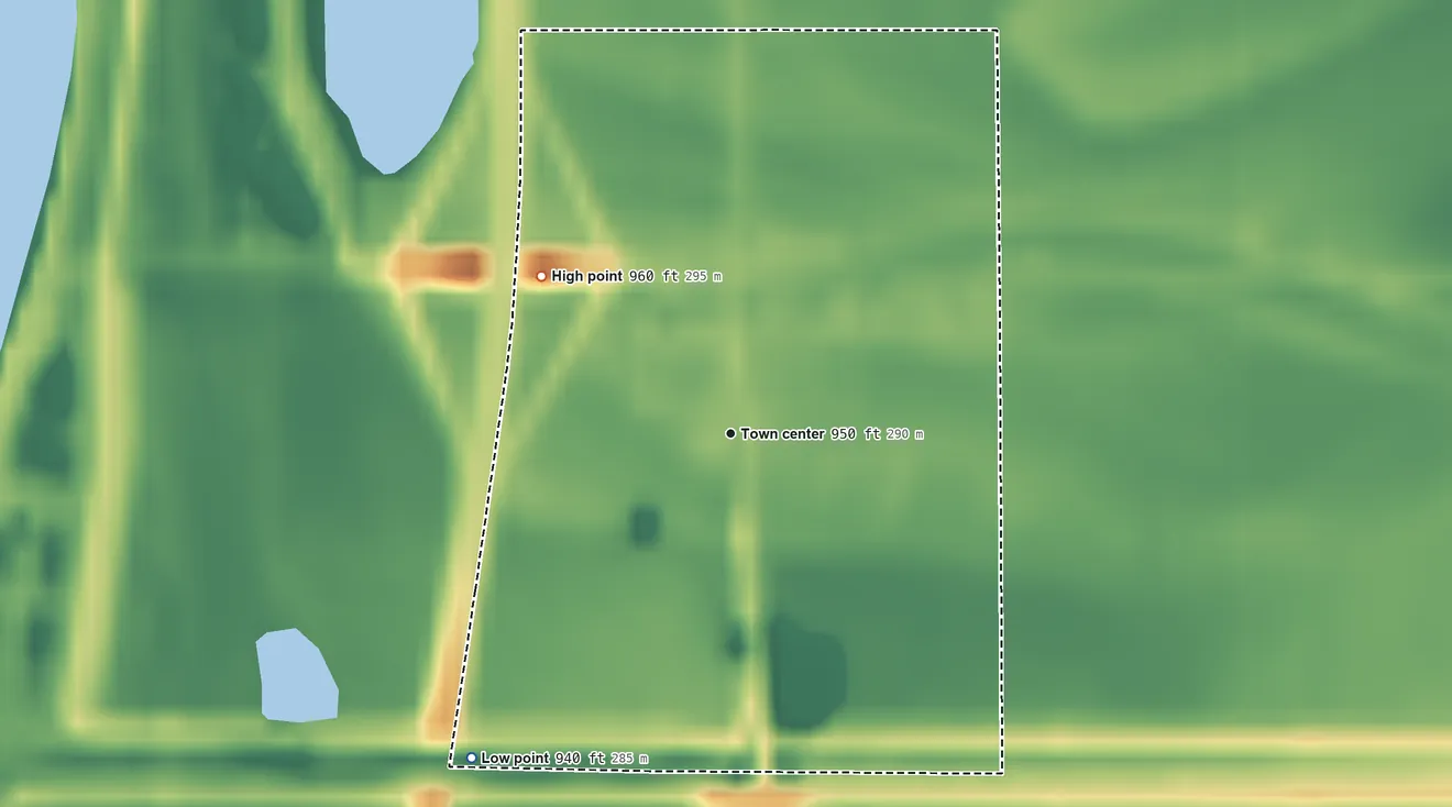 Topographic elevation map of Bartlett, Iowa, shaded from 940 ft on the southwest side to 960 ft on the northwest side