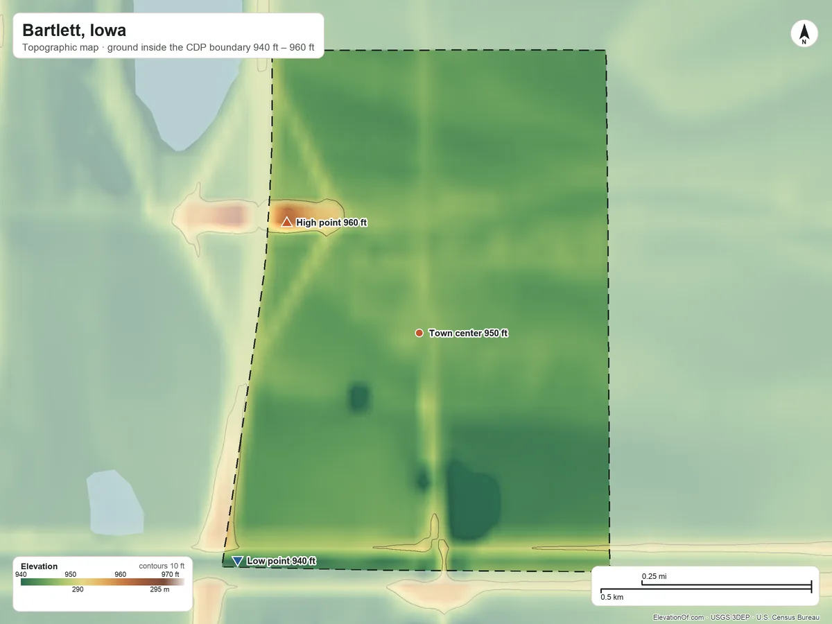 Topographic elevation map of Bartlett, Iowa, shaded from 940 ft on the southwest side to 960 ft on the northwest side