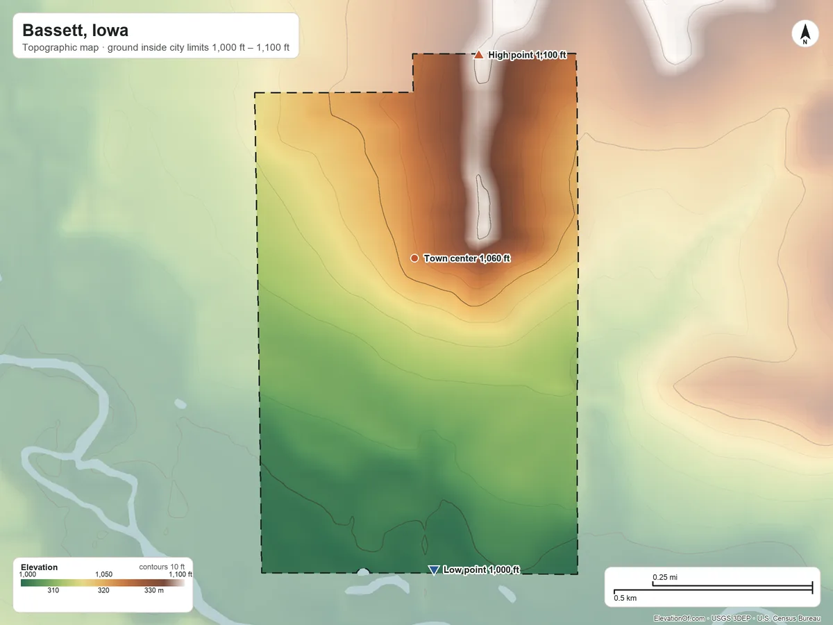 Topographic elevation map of Bassett, Iowa, shaded from 1,000 ft on the south side to 1,100 ft on the north side