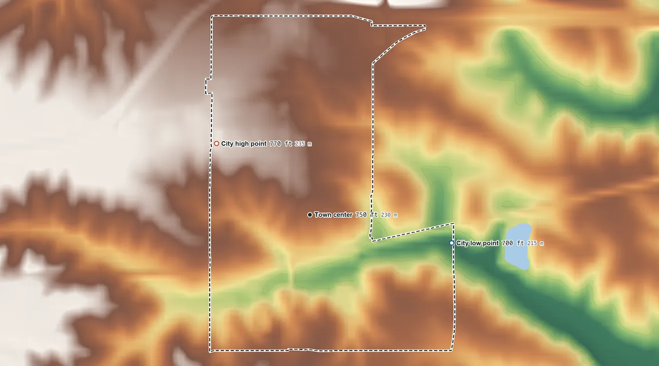Topographic elevation map of Batavia, Iowa, shaded from 700 ft on the east side to 770 ft on the northwest side