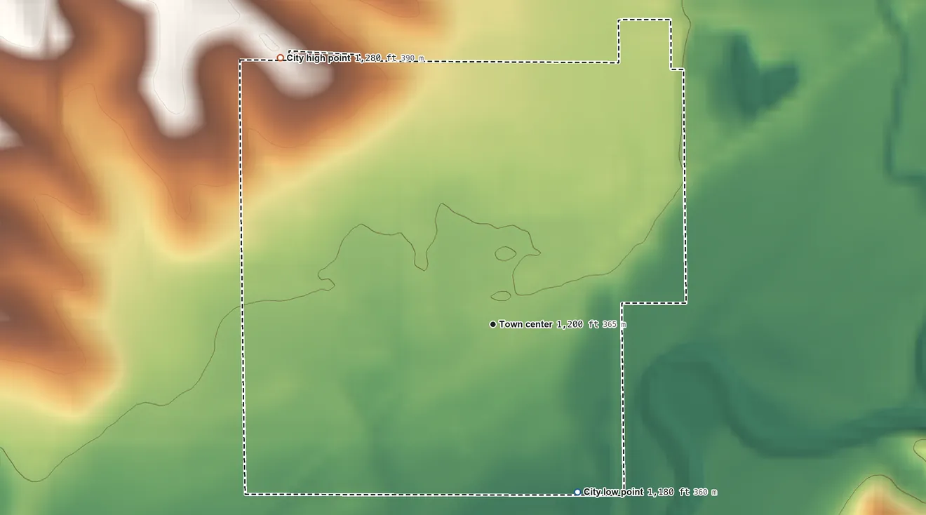 Topographic elevation map of Battle Creek, Iowa, shaded from 1,180 ft on the southeast side to 1,280 ft on the northwest side