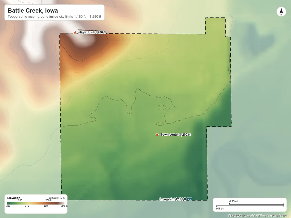 Topographic elevation map of Battle Creek, Iowa, shaded from 1,180 ft on the southeast side to 1,280 ft on the northwest side
