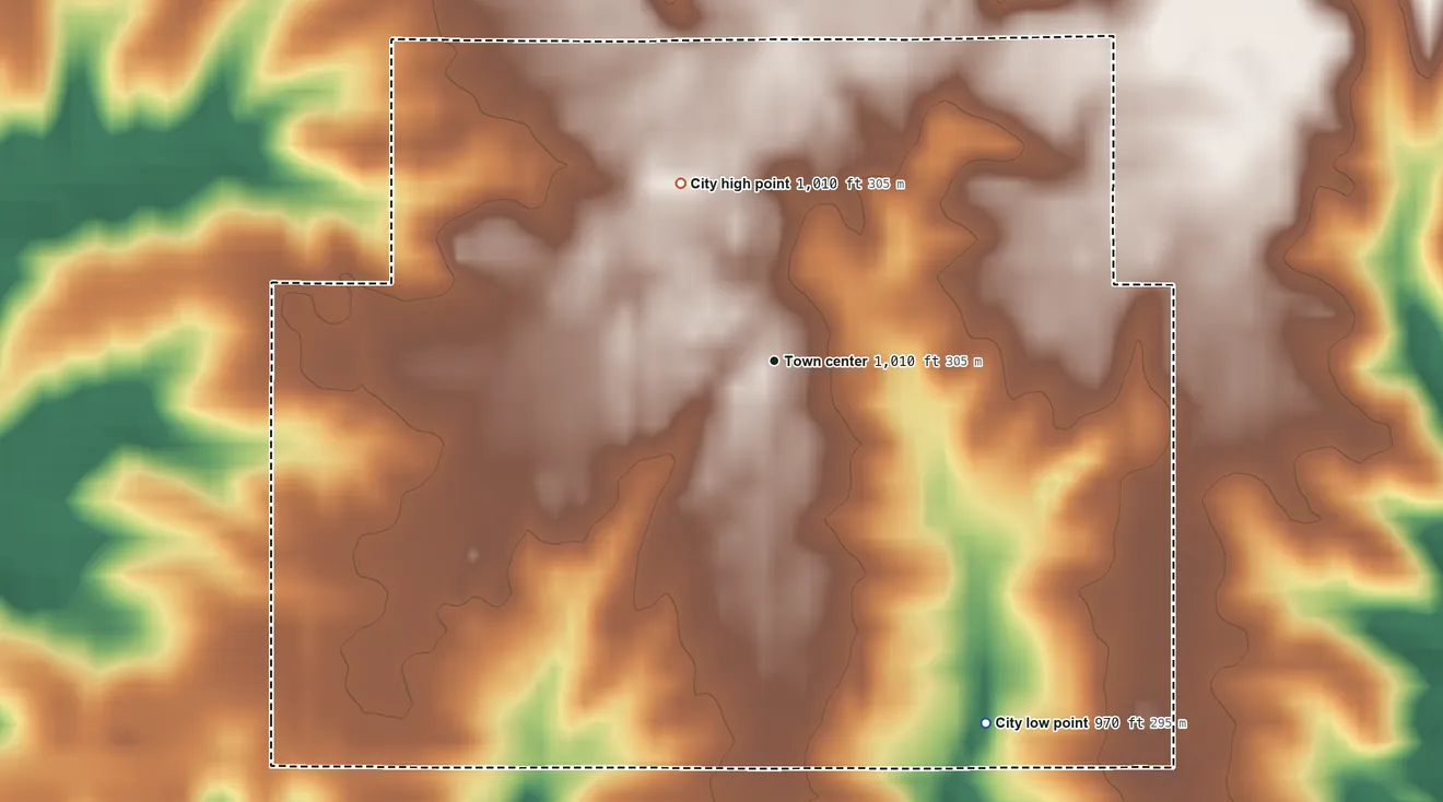 Topographic elevation map of Baxter, Iowa, shaded from 970 ft on the southeast side to 1,010 ft on the northwest side