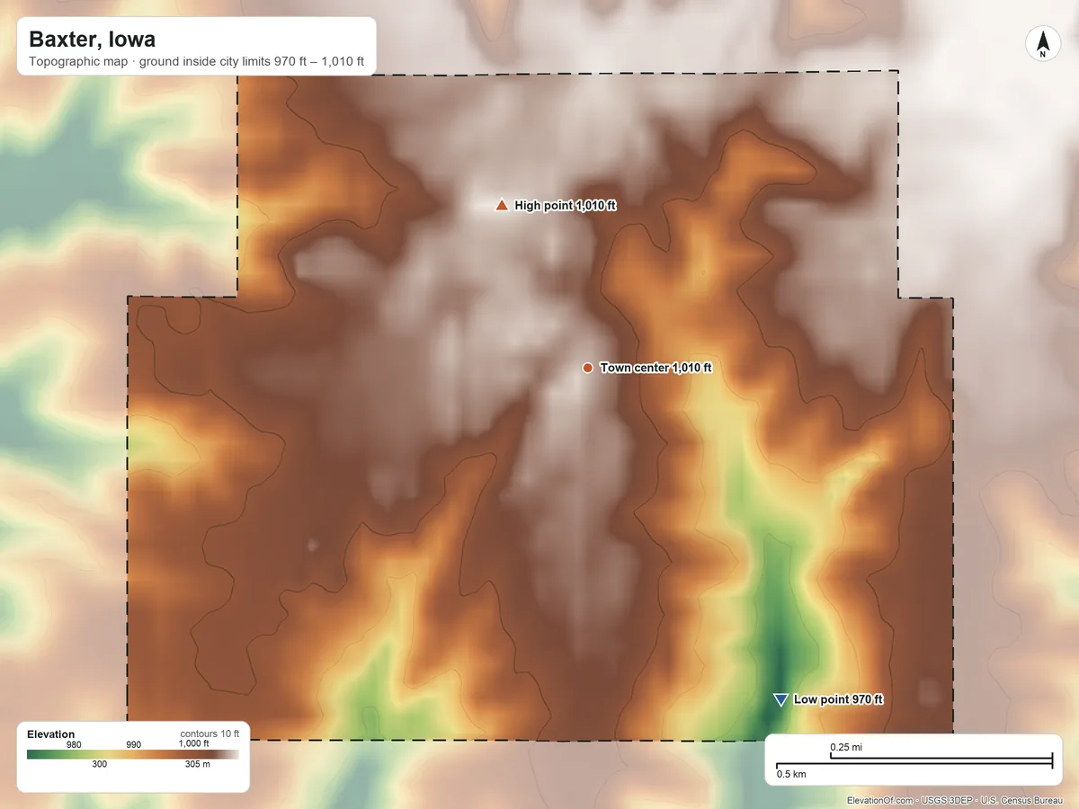 Topographic elevation map of Baxter, Iowa, shaded from 970 ft on the southeast side to 1,010 ft on the northwest side