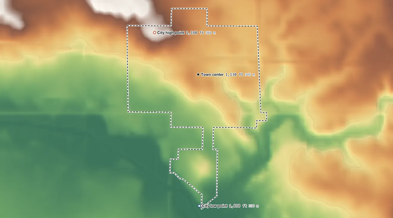 Topographic elevation map of Bayard, Iowa, shaded from 1,080 ft on the south side to 1,180 ft on the northwest side