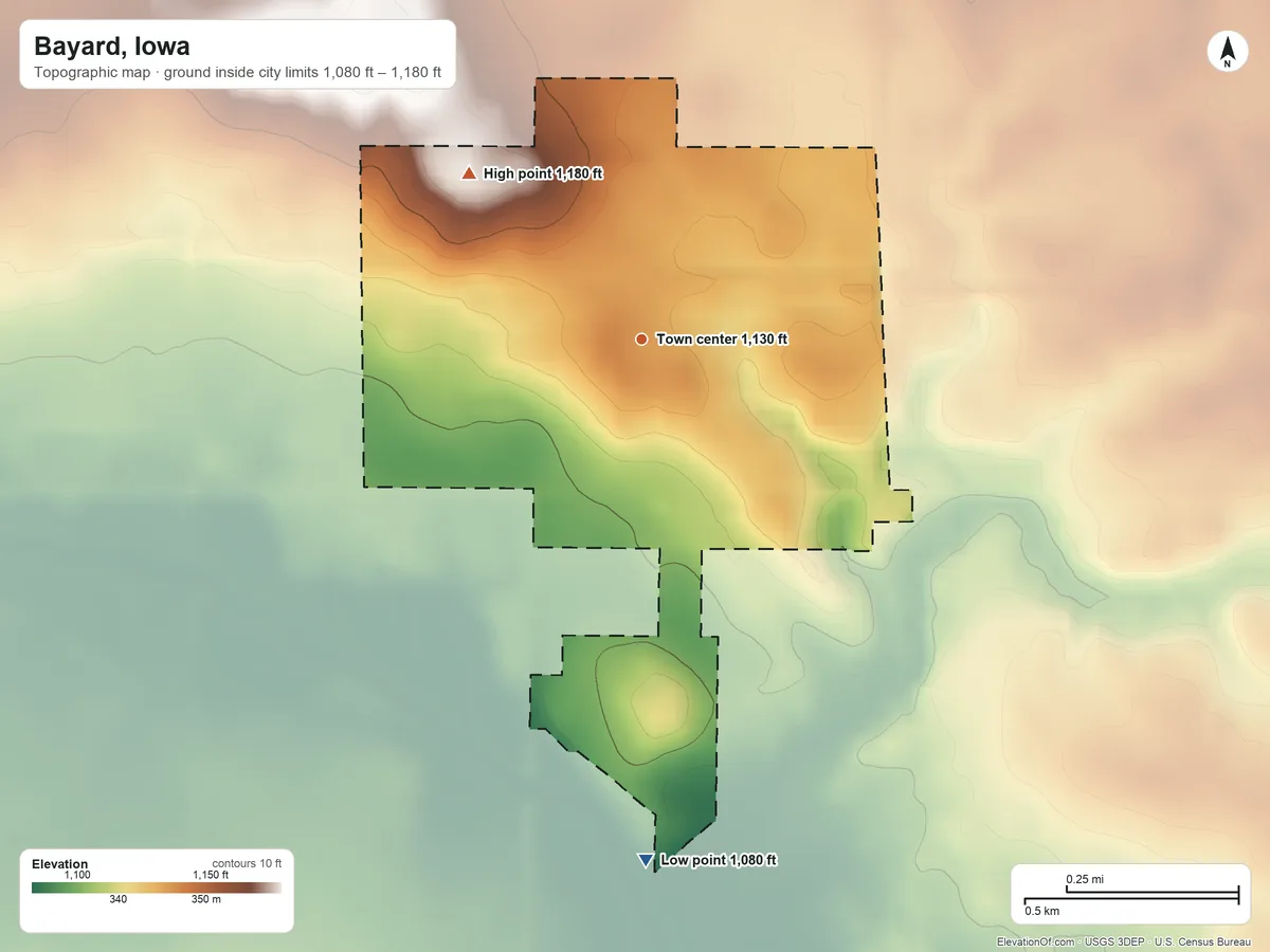 Topographic elevation map of Bayard, Iowa, shaded from 1,080 ft on the south side to 1,180 ft on the northwest side