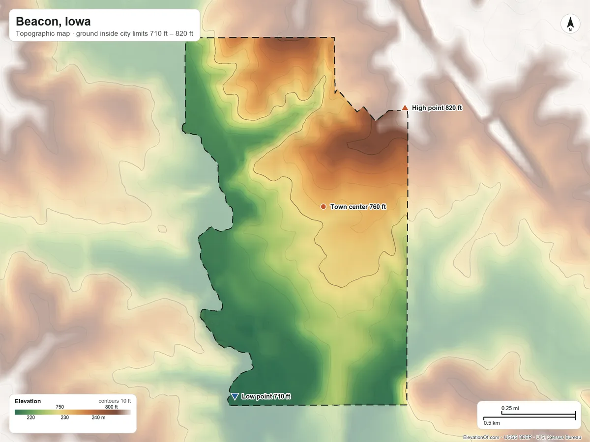 Topographic elevation map of Beacon, Iowa, shaded from 710 ft on the southwest side to 820 ft on the northeast side