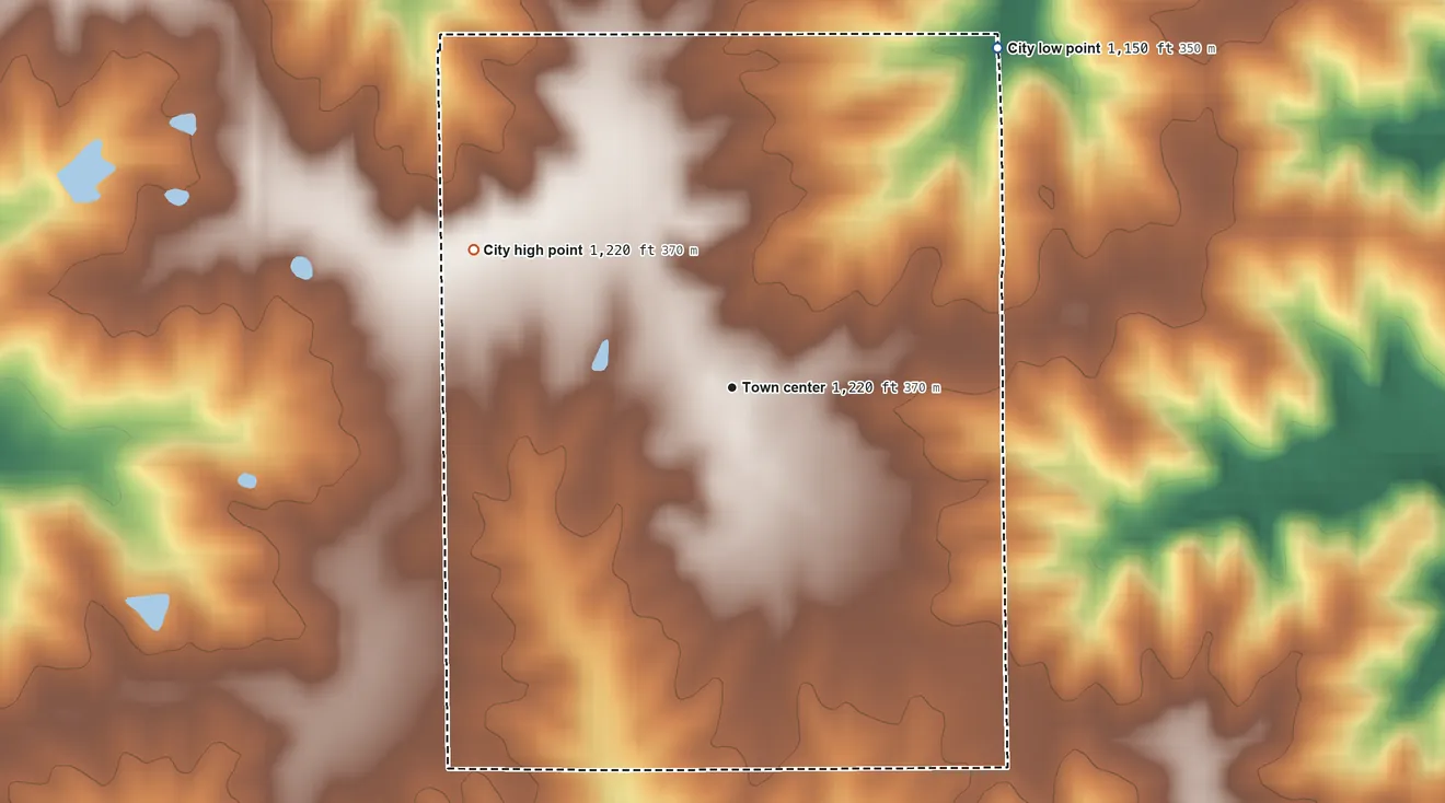 Topographic elevation map of Beaconsfield, Iowa, shaded from 1,150 ft on the northeast side to 1,220 ft on the northwest side