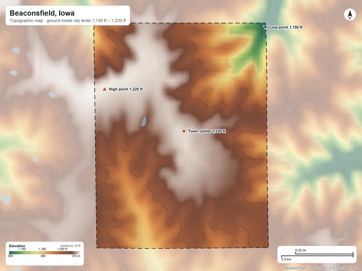 Topographic elevation map of Beaconsfield, Iowa, shaded from 1,150 ft on the northeast side to 1,220 ft on the northwest side