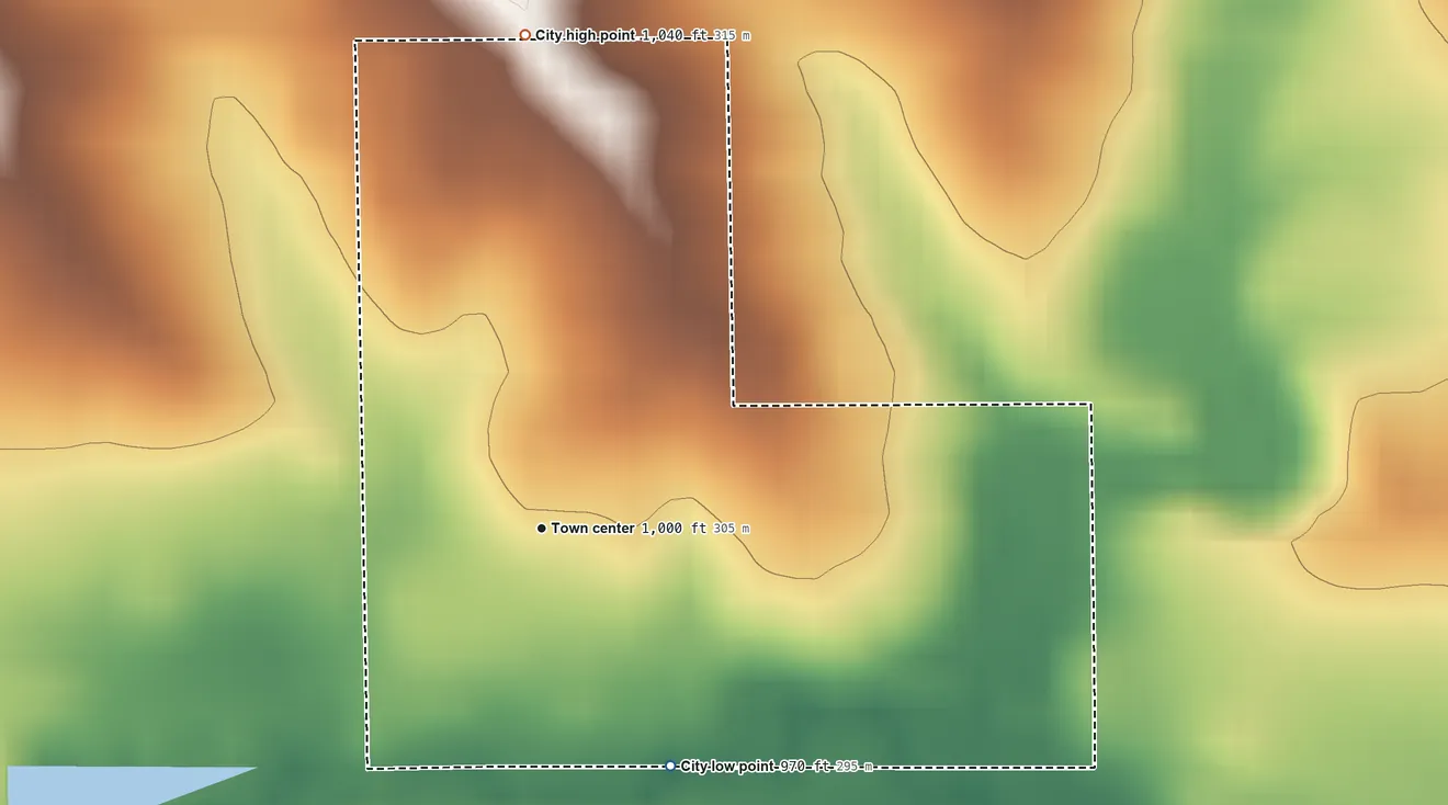 Topographic elevation map of Beaman, Iowa, shaded from 970 ft on the southeast side to 1,040 ft on the north side